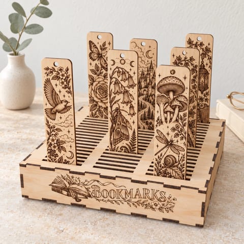 Wooden bookmark stand with engraved botanical bookmarks standing in its slots